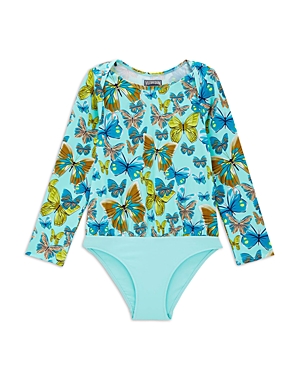 Vilebrequin Girls' Butterfly Print Rash Guard Bodysuit In Lagon