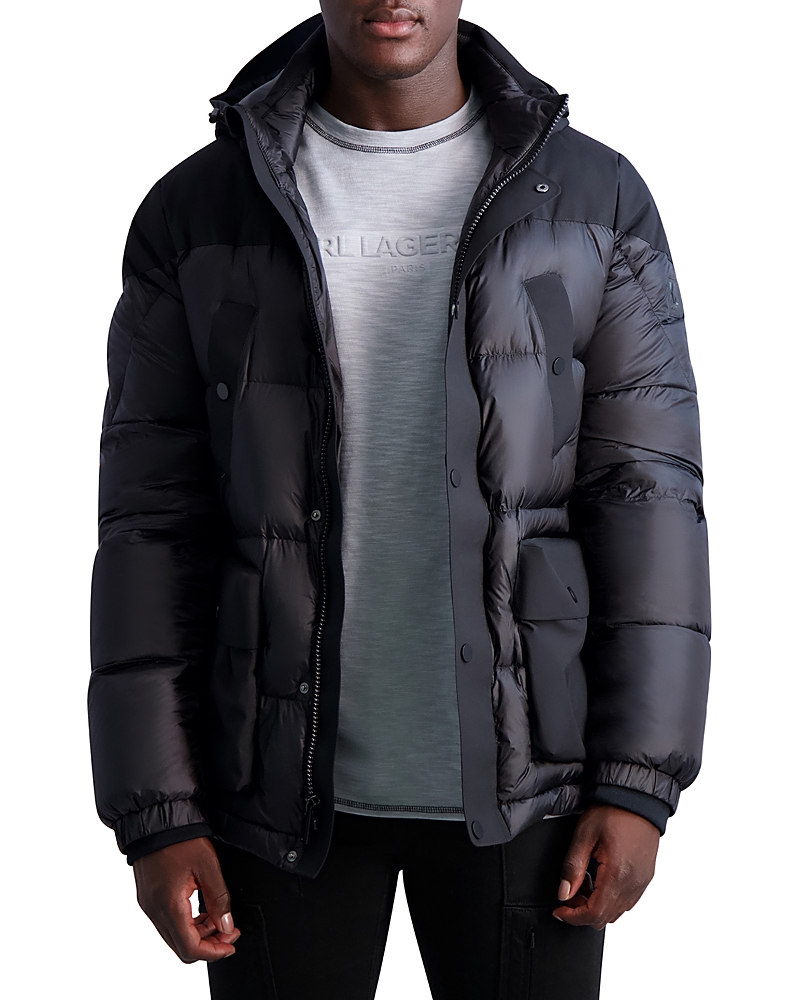 Karl Lagerfeld Tonal Colorblocked Puffer Jacket In Black