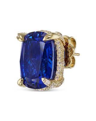 18K Yellow Gold Plated Sterling Silver Supernova Simulated Blue Sapphire &amp; Diamond Cushion Wing Stud Earrings