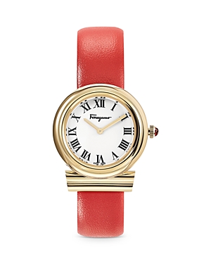 Ferragamo Gancini Watch With Leather Strap, Gold In White/red
