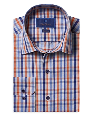 David Donahue Cotton Twill Plaid Trim Fit Dress Shirt In Blue/orange