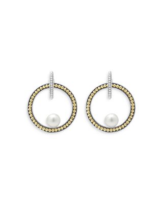 18K Yellow Gold & Sterling Silver Luna Cultured Freshwater Pearl Interlocking Drop Hoop Earrings