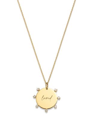 14K Yellow Gold Tender Tokens Diamond "Loved" Disc Pendant Necklace, 16-18"