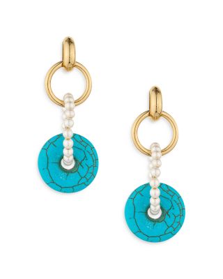 Ettika Turquoise & Imitation Pearl Circle Drop Earrings in 18K Gold Plate