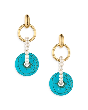 Shop Ettika Turquoise & Imitation Pearl Circle Drop Earrings In 18k Gold Plate In Blue/gold