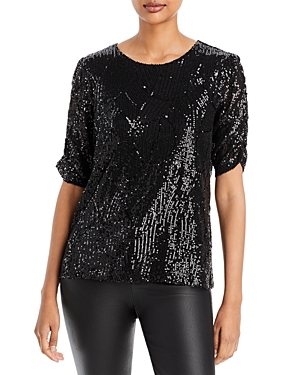 Single Thread Sequined Short Sleeve Top In Black Deco