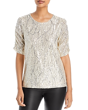 Single Thread Sequined Short Sleeve Top In Champagne