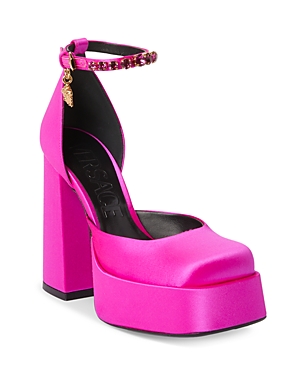 Versace Crystal Embellished Ankle Strap Block-heel Sandals In Deep Fucshia/ Gold