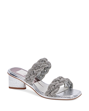 DOLCE VITA WOMEN'S RONIN SQUARE TOE RHINESTONE BRAIDED STRAP MID HEEL SANDALS