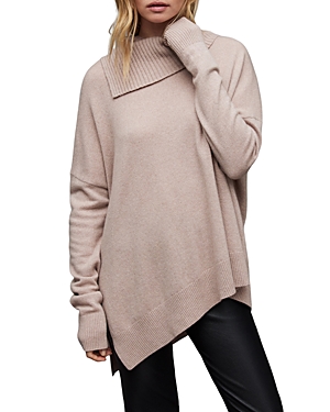 Allsaints Whitby Cashere & Wool Asymmetric Turtleneck Sweater In Pashmina Pink