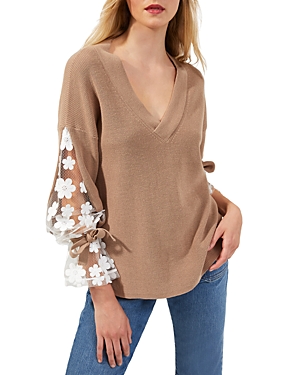 French Connection Caballo Floral-lace Sleeve Sweater In Camel/white