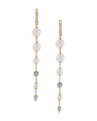 David Yurman 18K Yellow Gold Cultured Freshwater Pearl & Diamond Pave Linear Drop Earrings