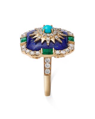Turquoise, Lapis, Emerald, and Diamond Star Statement Ring in 14K Yellow Gold 