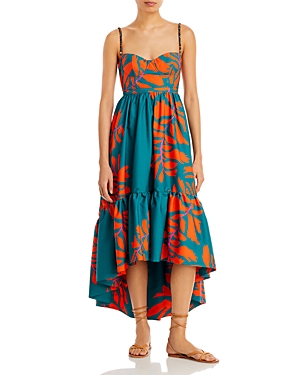 Andres Otalora Cotton Atlantico Printed High Low Dress In Turquoise Maxi Floral Print