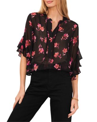 Vince Camuto Women's Floral-Print Mock-Neck Top Blue Size Large