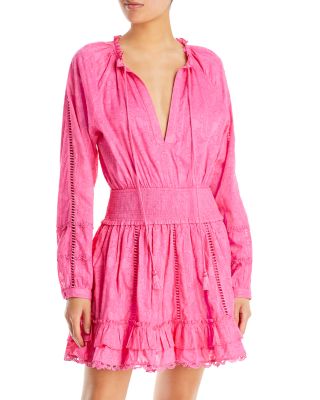 strapless open back dress Pink & Green Eyelet Floral Tiered Mini Dress | Ruffled Cami Dress main image 1