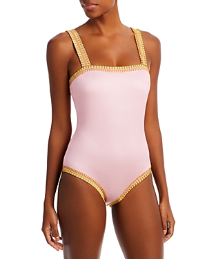 Platinum Inspired By Solange Ferrarini Crochet Trim One Piece Swimsuit In Pink Sands