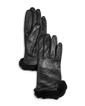 Shop Ugg Shearling Trim Leather Gloves In Black