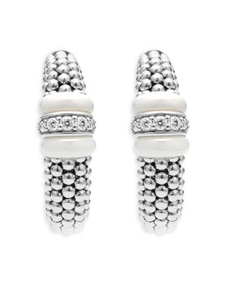 Ceramic & Sterling Silver White Caviar Diamond Hoop Earrings 
