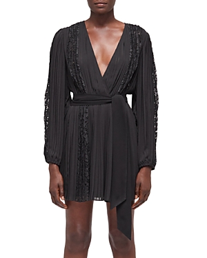Shop The Kooples Lace Trim Pleated Belted Dress In Black