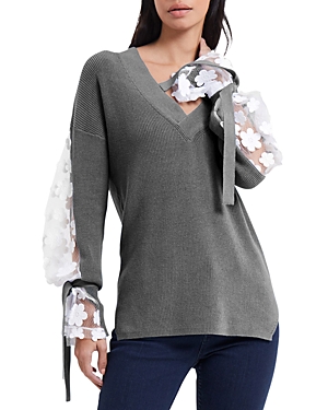 French Connection Caballo Floral-lace Sleeve Jumper In Med Grey Melange