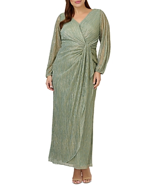 Adrianna Papell Plus Metallic Mesh Draped Gown In Greenslate