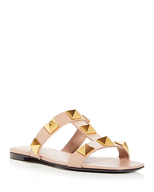 Valentino Garavani Women Pink Leather Roman Stud Slide Sandals In Multi