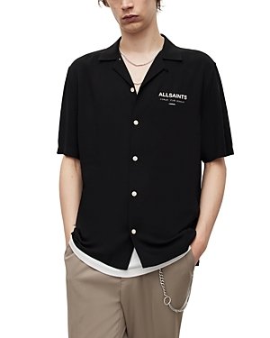 Allsaints Underground Logo Print Relaxed Fit Button Down Camp Shirt In Jet Black Ecru