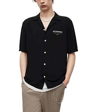 Shop Allsaints Underground Logo Print Relaxed Fit Button Down Camp Shirt In Jet Black Ecru