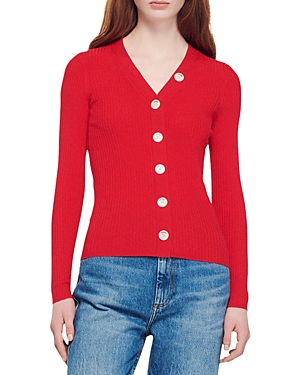 Sandro Fine Ribbed Knit Cardigan In Red