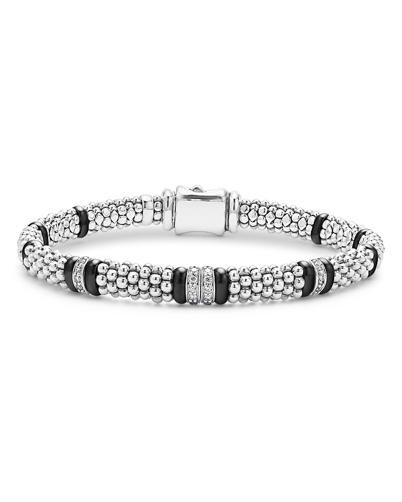 Lagos Four Station Diamond Black Caviar Bracelet In Sterling Silver In Black/silver