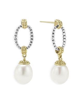 18k Gold & Sterling Silver Two Tone Cultured Pearl Oval Drop Earrings