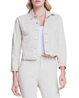 L'agence Janelle Cropped Frayed Stretch-denim Jacket In Oatmother