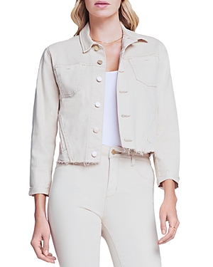 L'agence Janelle Cropped Frayed Stretch-denim Jacket In Oatmother