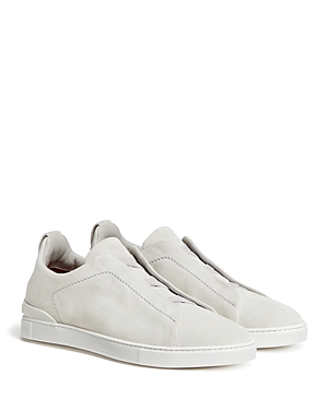 Zegna Men's Suede Triple Stitch Low Top Sneakers In Pumice White