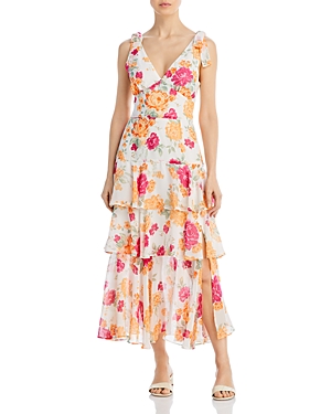 wayf tiered midi dress Wayf Tiered Cutout Long Sleeve Cocktail Midi Dress In Black Floral