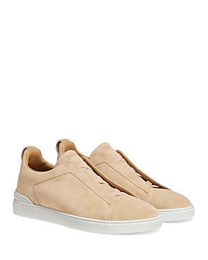 Zegna Men's Suede Triple Stitch Low Top Sneakers In Dark Beige
