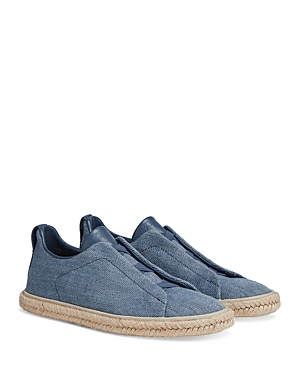 Zegna Men's Off White Linen Triple Stitch Espadrilles In Medium Blue