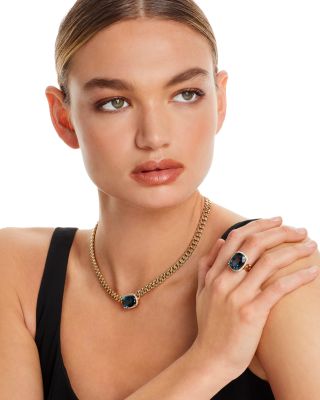 Blue Topaz & Diamond Bold Chain Link Statement Necklace in 14K Yellow Gold, 17" 