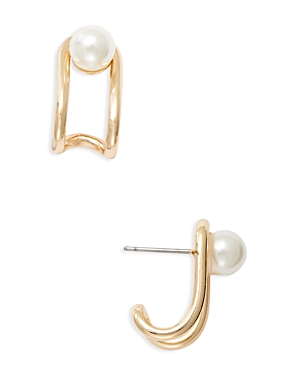 Aqua Imitation Pearl J Hoop Earrings in Gold Tone