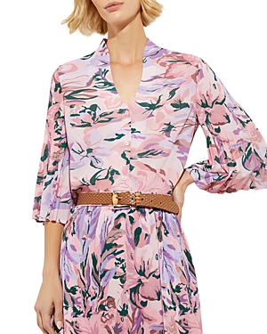 Shop Misook Printed Pleat Sleeve Button Front Shirt In Rose Petal/multi