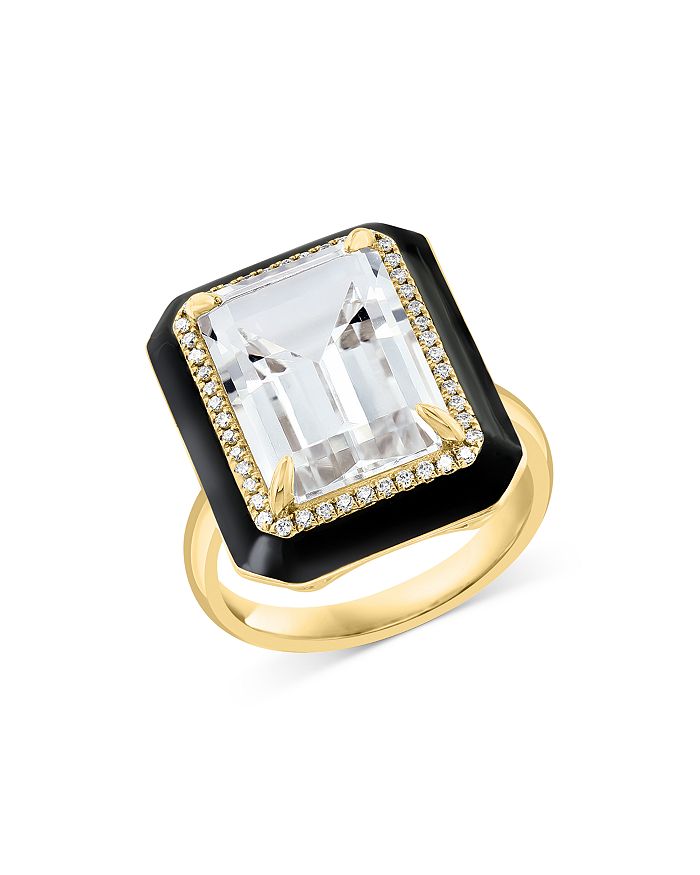 Bloomingdale's - White Topaz & Diamond Black Enamel Halo Ring in 14K Yellow Gold - 100% Exclusive