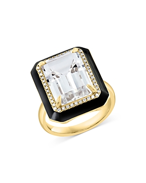 Bloomingdale's White Topaz & Diamond Black Enamel Halo Ring In 14k Yellow Gold - 100% Exclusive In White/black