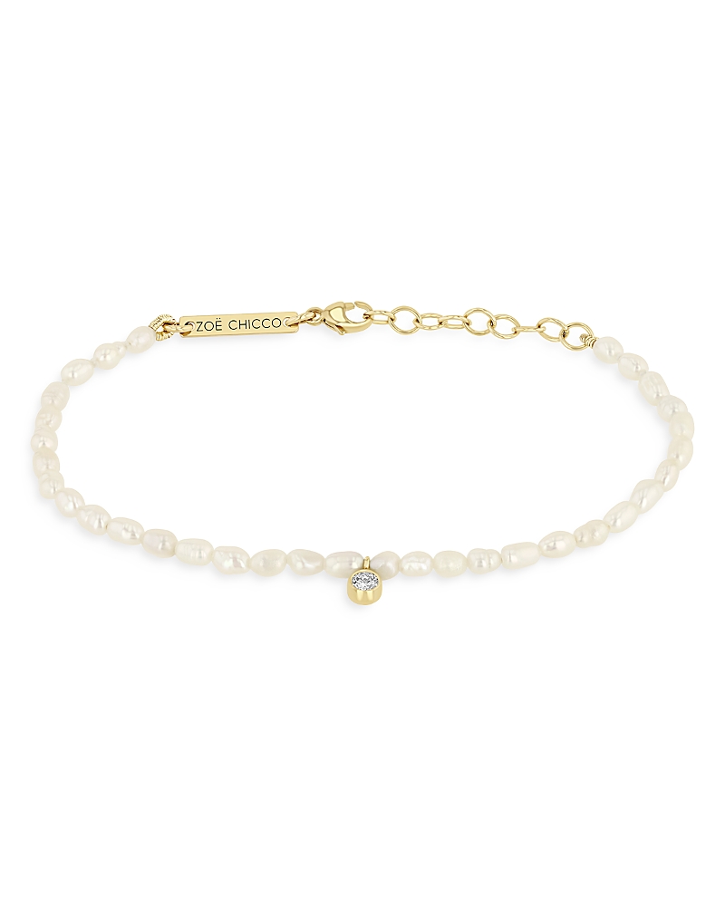 Zoe Chicco 14k Yellow Gold Cultured Pearl Bead & Diamond Charm Bracelet