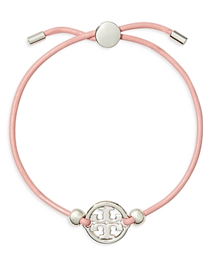 Shop Tory Burch Miller Logo Charm Color Cord Slider Bracelet In Pink/silver