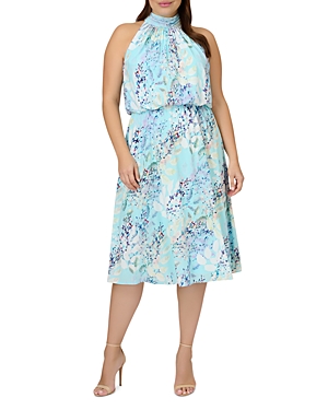 Adrianna Papell Plus Watercolor Floral Print Dress In Light Blue Multi
