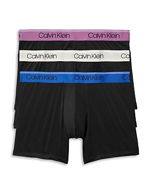 Calvin Klein Microfiber Stretch Wicking Boxer Briefs, Pack Of 3 In Black W/ Ameythyst/silver Birch/midnight Wbs
