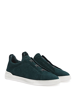 Zegna Men's Suede Triple Stitch Low Top Sneakers In Medium Green