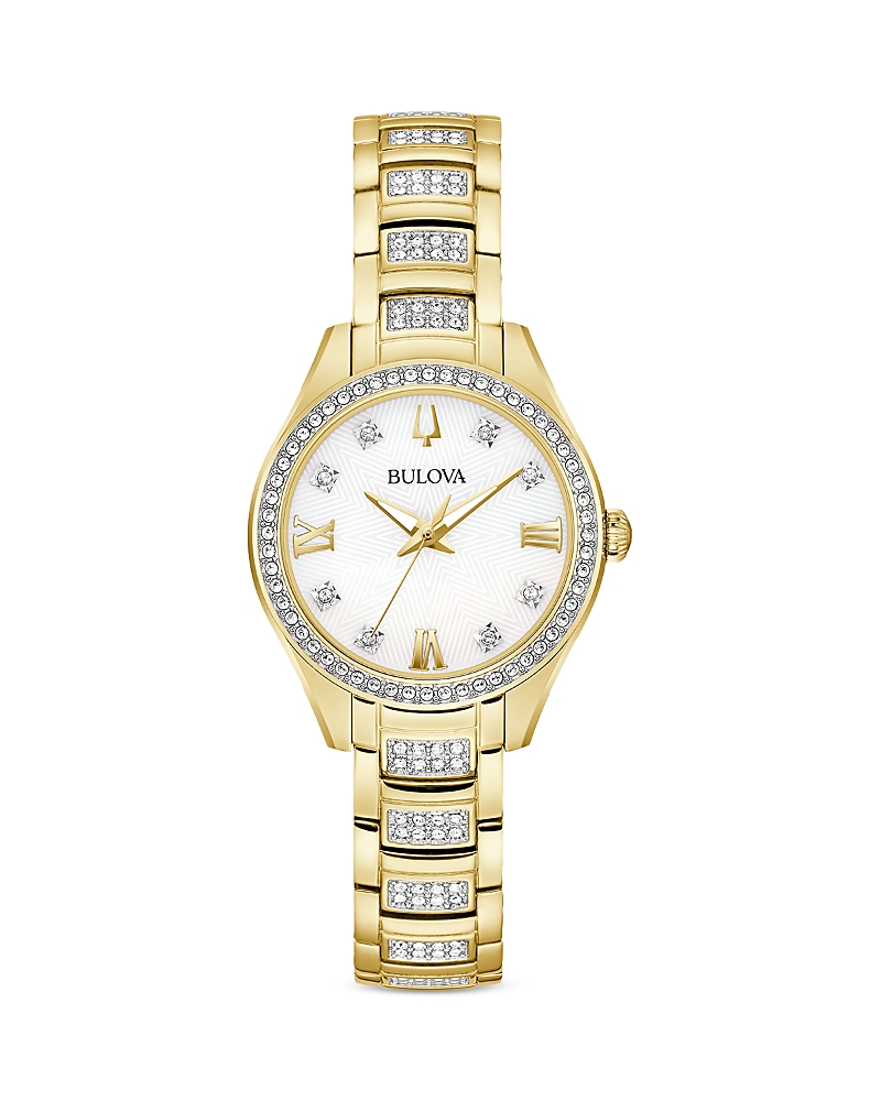 Bulova Crystal Womens Crystal Accent Gold Tone Stainless Steel Bracelet Watch 98l306 In White/gold