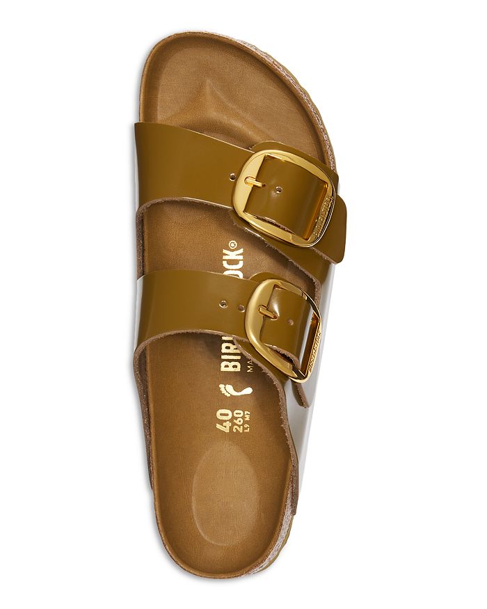 Shop Birkenstock Women's Arizona High Shine Big Buckle Slide Sandals In High Shine Mud Green/gold